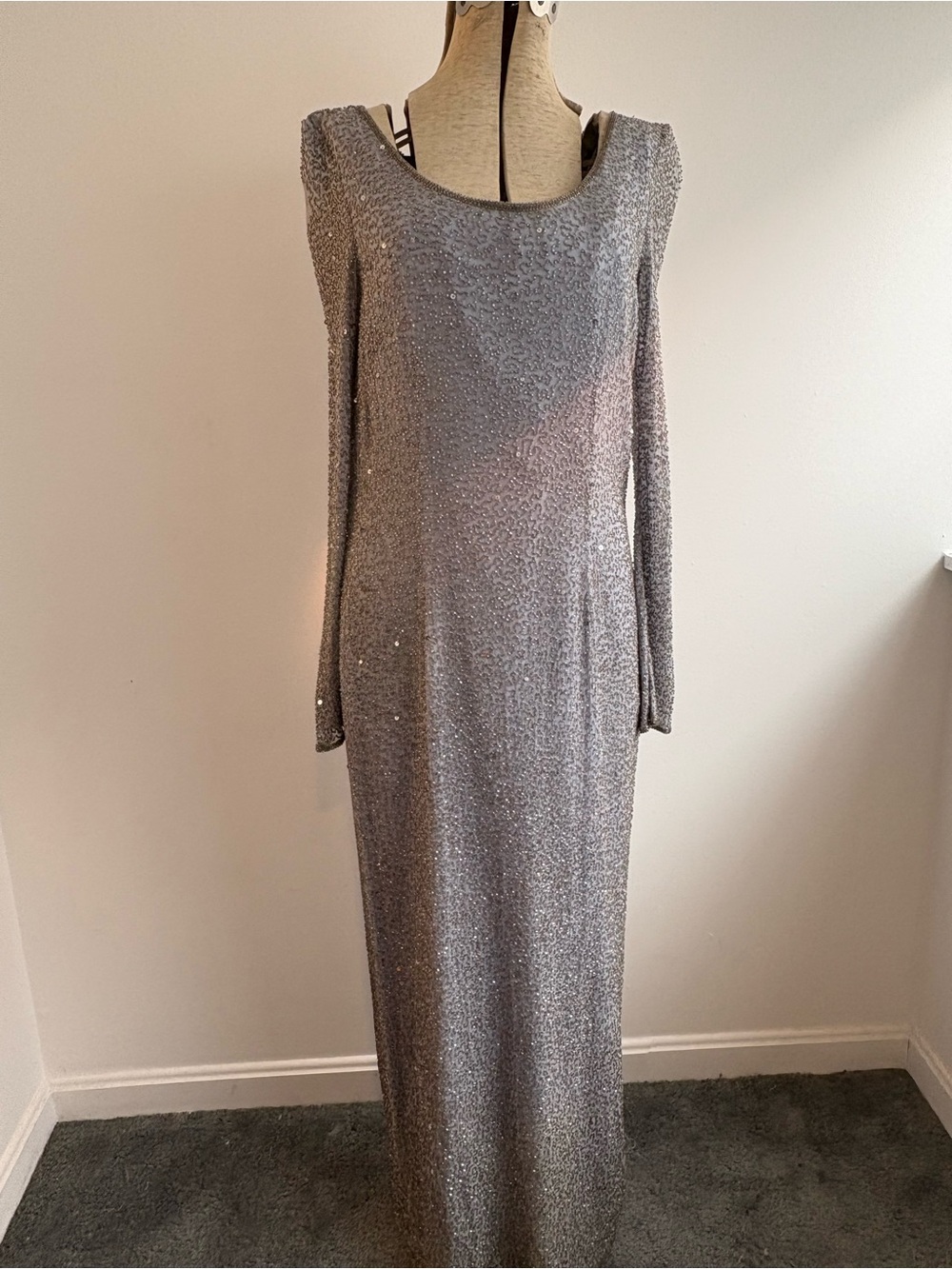 Vintage 80s/90s Blue/Silver Beaded & Sequins Long Sleeve Evening Gown